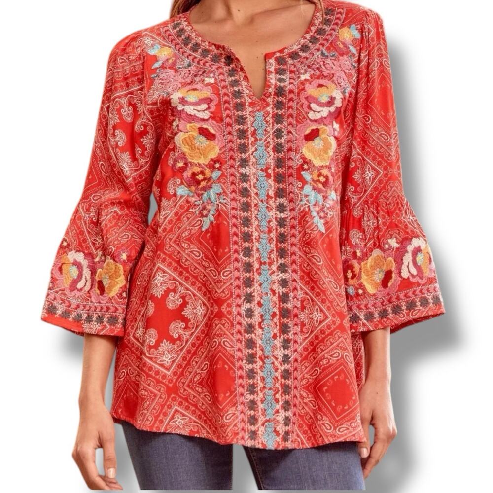 Savannah Jane Size M Red Floral Embroidered Bandana Top Boho Gypsy Festival
